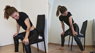 Nicky is glued to the chair, trying to escape and frustrated