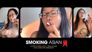 Exotic Smoking Asian: Red Nails, Red Lips Smoking Harlot Spills & Rubs Ash on Breasts