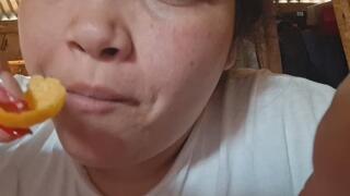 The little pig starts eating like crazy.