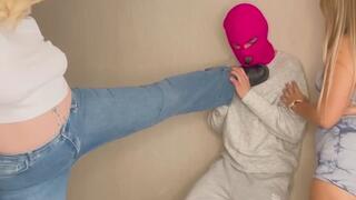 A demonstration of two Ukrainian women kicking a guy (no translation)