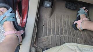 Fifi sensually pumping the pedals of her SUV in sexy open Teva sandals with pale pink toenail polish