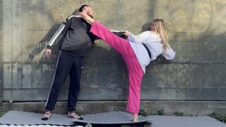 First a POV demonstration of karate kicks and then a lot of professional kicking of a guy.