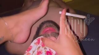 Worship feet as ashtray & handjob