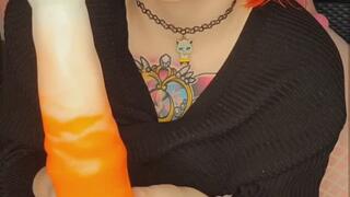 Redhead with tattoos and big tits fucks GIANT Fantasy dildo