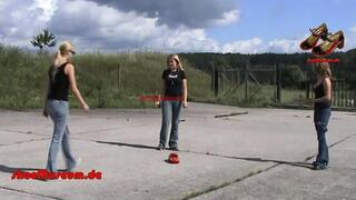 Three girls crush model car with butt and feet (3030)