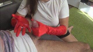 Sensitive handjob with red satin gloves h