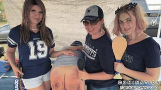 Tailgate Party Tail Beating! Spanked hard on game day by Miss Katherine as step daughter & her friend Claire helps and watches on!