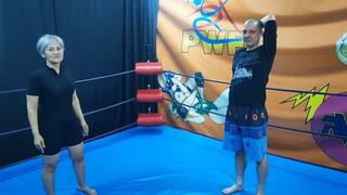 Asian girl wrestles and ties up a guy