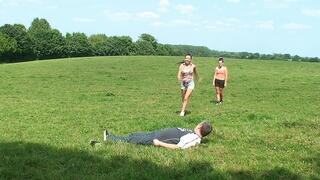 Katie Sophie Jumping On Their Slave In A Field