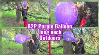Blow to pop purple balloon with a big neck outdoors