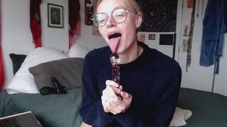 Spitty BJ on glass dildo