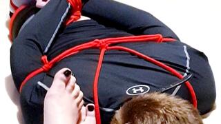 Man hogtied at my feet in tight leggings 1 -BBW Domination,BBW bondage,man tied up,bound and gagged man,leggings,compression gear,amateur,gay bondage,man in bondage,male bondage,socks,rope bondage,hogtied,hogtie,struggling,