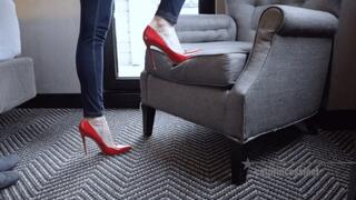"Hotel Feet" red stiletto heels, flip flops, boots, barefeet show, foot fetish
