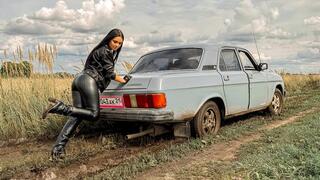 CAR STUCK Stuck in mud in leather clothes