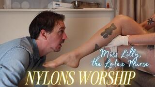 The Foot Boy Worships Miss Lilly, The Latex Nurse In Silky Nylons