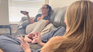 College Babes Ama Rio & Tyler Lynn Play Barefoot Footsies on Couch | Blonde Foot Fetish | Brunette Soles | Girls Playing Footsies