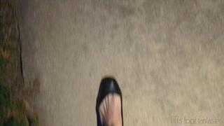 Fifi wearing black ballet flats stomping on roaches in her kitchen and bathroom after pedal pumping in her car talking about it