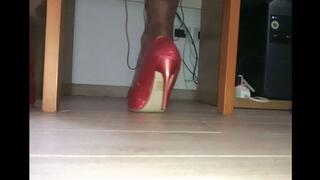 REMOTE WORKING IN SEXY GLITTER RED HEELS