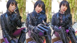 Chainsmoking outdoors wearing Leather and PVC jacket, gloves, trousers and boots! - Kinkerbell23