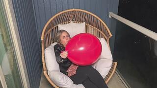 Massive Red Balloon Blow to Pop (B2P) in Leather jacket