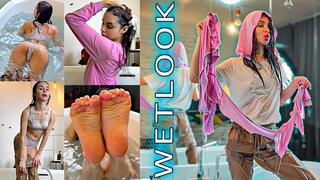 Soaked in luxury bathtub I rip my dripping pink hoodie to shreds while my white Calvin Klein set turns fully transparent, peel off wet socks for bare dripping heels & soles, Nike sneakers filled with water – pure wetlook clothes destruction heaven!
