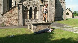 Katie Jumping From Concrete Pillars On To Her Slave
