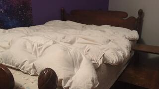 Fifi on her bed with her black pantyhose tied to her bedpost struggling to crawl loose and get free *discounted replay in case you missed it*