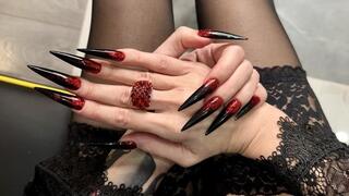 HOT black color long nails, sharp claws, long fingers and hands worship