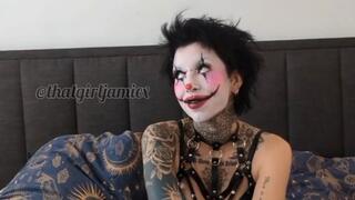 Goth girl clown rides huge dildo