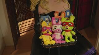 Living Bunny Tray Decoration – Armbinder + Leather Stuff-Gag, Legs Strapped Wide, Nipple-Clamped Tray with Real Bunnies & Remote Vibrator Reward