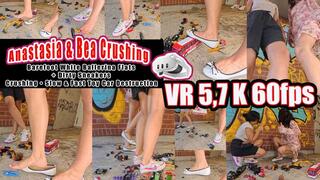 VR 3D 5,7K 180 60 fps | Anastasia & Bea – Barefoot White Ballerina Flats + Worn Sneakers Crush • Slow Motion & Instant Toy Car Destruction • Super Stinky Cheesy Feet Humiliation • Shy Giggling Girls • 8K VR