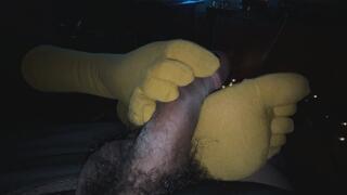 My Sister-in-law plays with my cock with her yellow toe-socks and fuzzy leopard print slippers Taboo