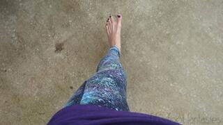Fifi driving barefoot in leggings with navy blue polish *discounted replay in case you missed it*