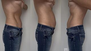 Holiday weight gain slapping belly pinching fat tummy in and relaxing