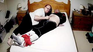 Man tied up on bed in tight leggings-BBW Domination,BBW bondage,man tied up,bound and gagged man,leggings,compression gear,amateur,gay bondage,man in bondage,male bondage,socks,rope bondage,handjob,spanked,spanking,biting,