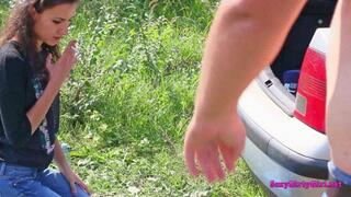 A sexy long blowjob - PVC raincoat masturbation outside - A blowjob outside