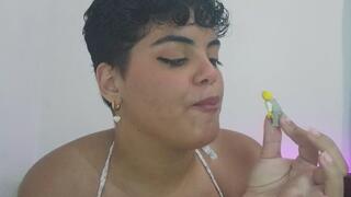 Giant woman licks you and savors you until she devours you.