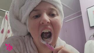 Tooth Brushing with Tongue Scrubbing and Hair in Towel