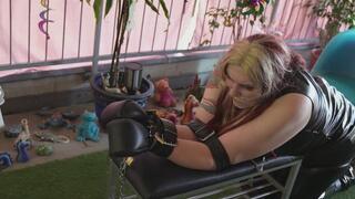 Ballet Boot Bench Domination – Strict Leather Mitts, Massive Foam Ball + Clear Tape Gag, Nipple Clamps & Domi2