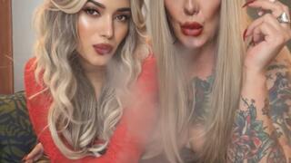 Bimbo blondes chain smoking 2 marlboro menthol in a row wearing skintight leather pants!