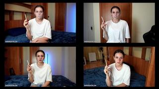 1-6 Ramona Lynn is smoking all-white Virginia Slims 120s cigarettes in the bedroom at home using matches (4 scenes) 4K resolution
