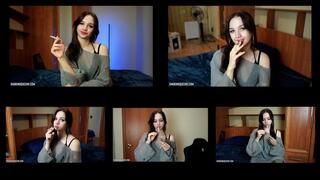 1-6 Tina is smoking all-white Winston cigarettes in the bedroom at home using matches (5 scenes) 4K resolution