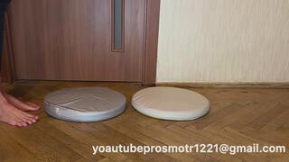 Nastya steps on two soft pillows in very dirty street shoes, tramples on them, wipes her shoes, spits, jumps, sexy, crush fetish and foot fetish + walking and stomping, under feet