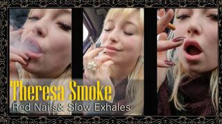 Car Smoking, Red Nails, Hair Play – Theresa Smoke sensually smoking in the car with pearl ring and slow exhale (Smoking Fetish, Close?Up)