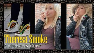 Outdoor Smoking, Red Dress, Crush – Theresa Smoke daylight with black Nickelson jacket and two perspectives (Smoking Fetish, Cigarette Crush)