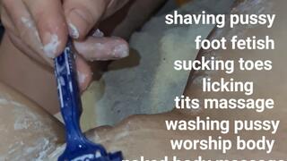 Shaving pussy, washing pussy, naked body massage with tits massage, toes sucking and licking, foot fetish and body worship with Miss GospodaricaEmma and Her Alpha man Wolfy01