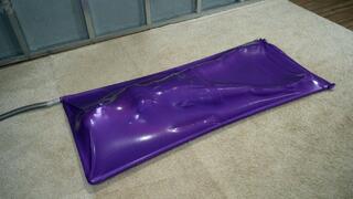 Sonya cums in a lilac vacuum bed with a medical mask on her face