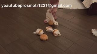 Nastya unpacks 5 juicy burgers and starts trampling them with her bare feet, walking around, stepping, pressing, she has such sexy legs and feet