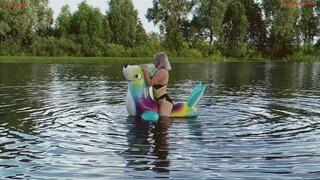 Alla hotly fucks a squeaky inflatable seal on the lake