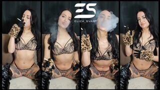 Bossy smoke and dirty talk in see through undies and pvc boots